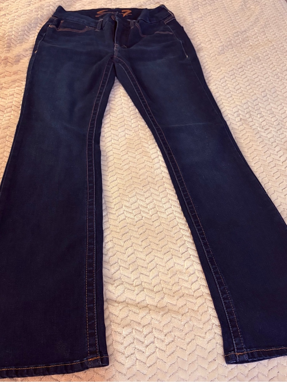 Seven7 Women's Dark Indigo Flare Jeans with Contrast Stitching